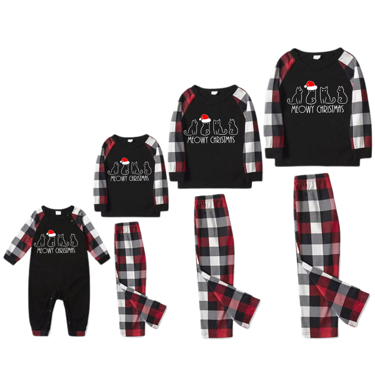 Christmas Cute Cat Prints Red & Black & Grey & White Plaid Family Matching Pajamas