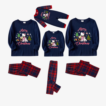 Merry Christmas Red Letter And Sanrio Cartoon Pattern Blue&Red Plaid Family Pajama Sets