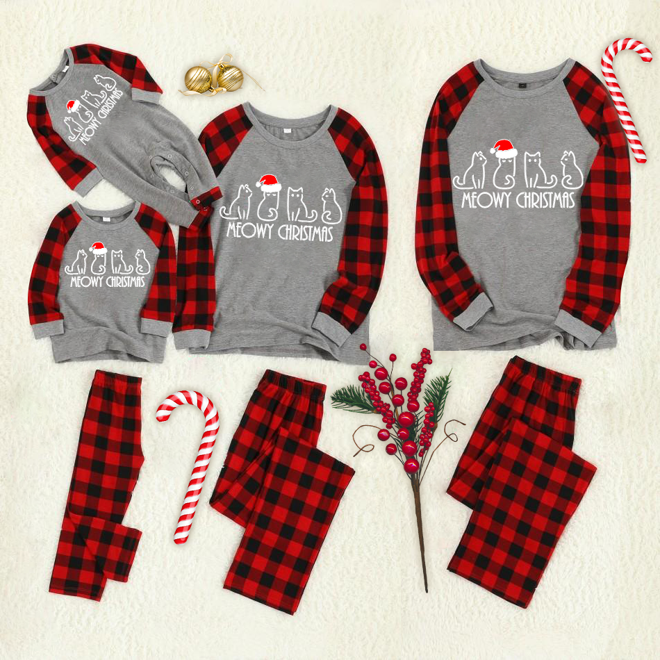 Christmas Cartoon Cat Patterned "Meowy Christmas" Letter Print Contrast top and Plaid Pants Family Matching Pajamas Set With Dog Bandana