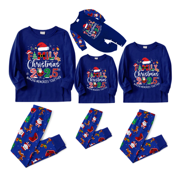 Cozy Blue Christmas Pajamas Set With "Family Christmas 2025 Making Memories Together" Text Print