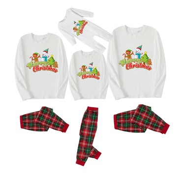 Gingerbread Man and Snowman Holding Hands Pattern White Long Sleeve Top with Red & Green Plaid Pants Family Matching Pajamas