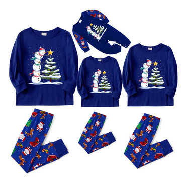 Cozy Blue Christmas Pajamas Set with Snowman & Christmas Tree Print