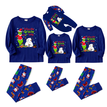 Cozy Blue Christmas Pajamas Set With Grinch and Snowman Print