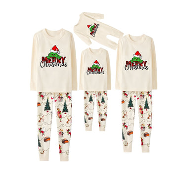 Beige Christmas Pattern Print Christmas Pajamas Set With Grinch and Merry Christmas Print