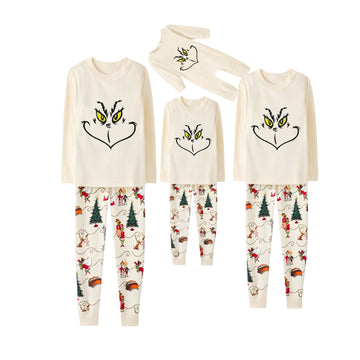 Beige Christmas Pattern Print Christmas Pajamas Set With Cute Grinch Face Print