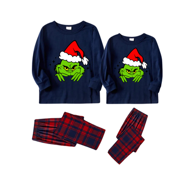 Christmas Cartoon Print Blue Long Sleeve Top with Red & Blue Plaid Christmas Couple Matching Pajamas