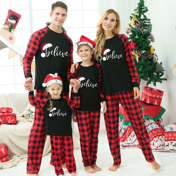 Christmas Hat and ‘Believe“ Letter Print Patterned Contrast Black top and Black & Red Plaid Pants Family Matching Pajamas Set