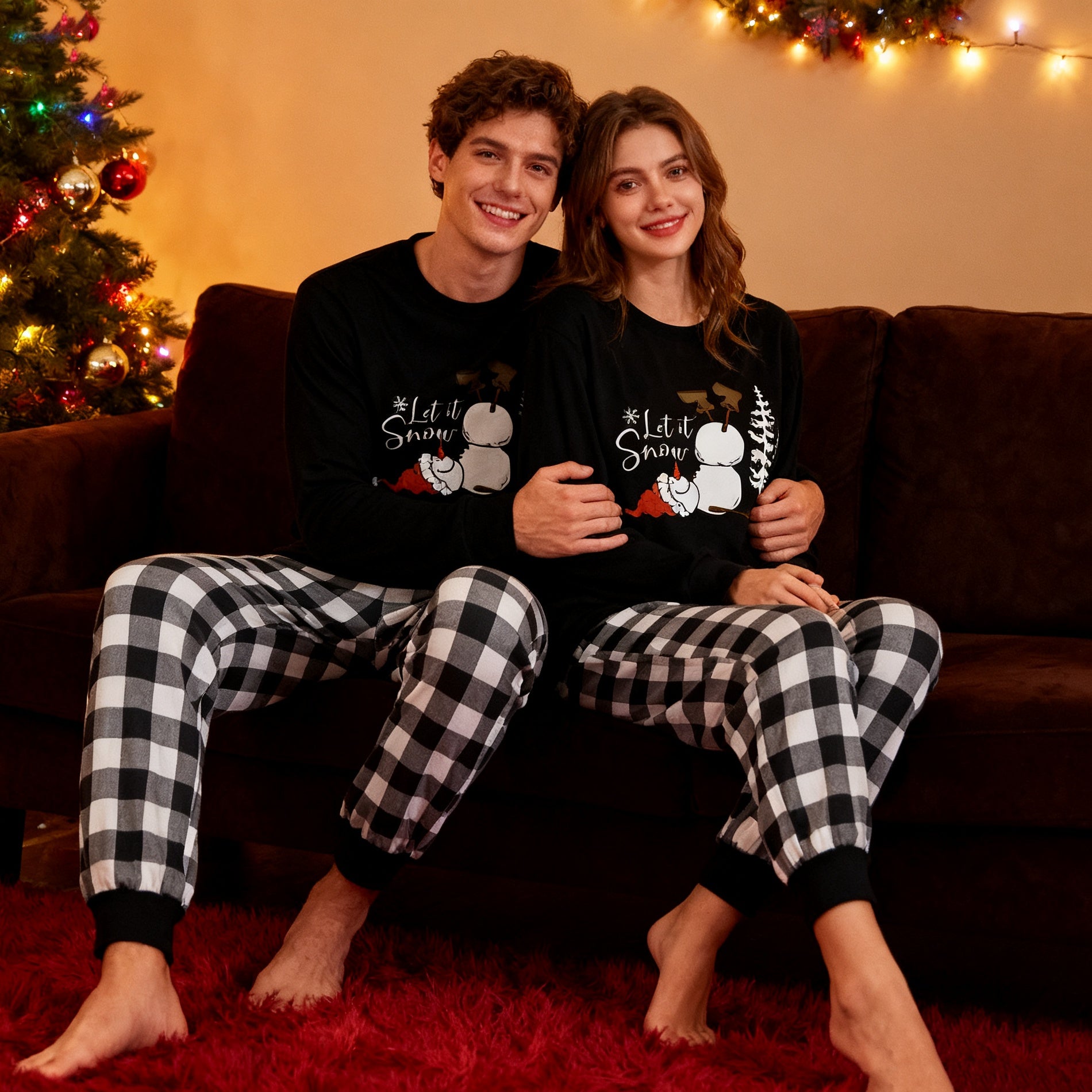 Couple Black and White Plaid Matching Pajamas "Let it Snow" Text and Snowman Prints