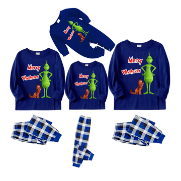 "Merry Whatever" Slogan and Cartoon Pattern Printed Blue and White Plaid Family Matching Pajamas