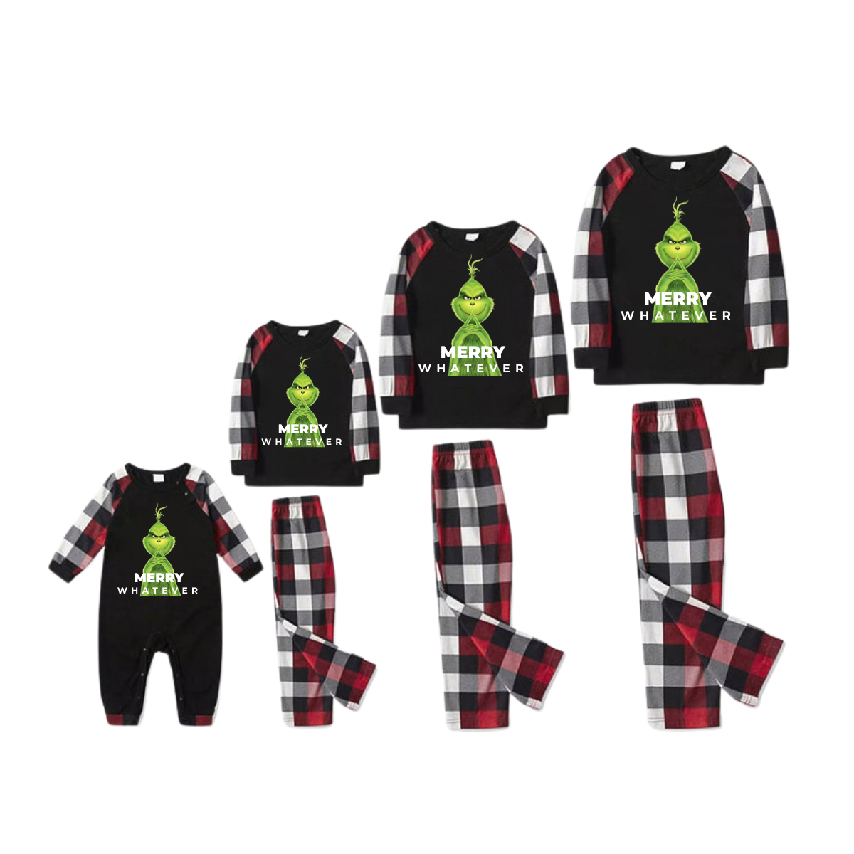 Cute Cartoon Pattern and "Merry Whatever" Slogan Printed Contrast Black Top Red&Black&White Plaid Pants Family Matching Pajamas