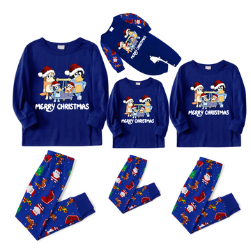 Santa Cartoon Family Pajamas Set - Blue Top, Blue Santa Print Pants