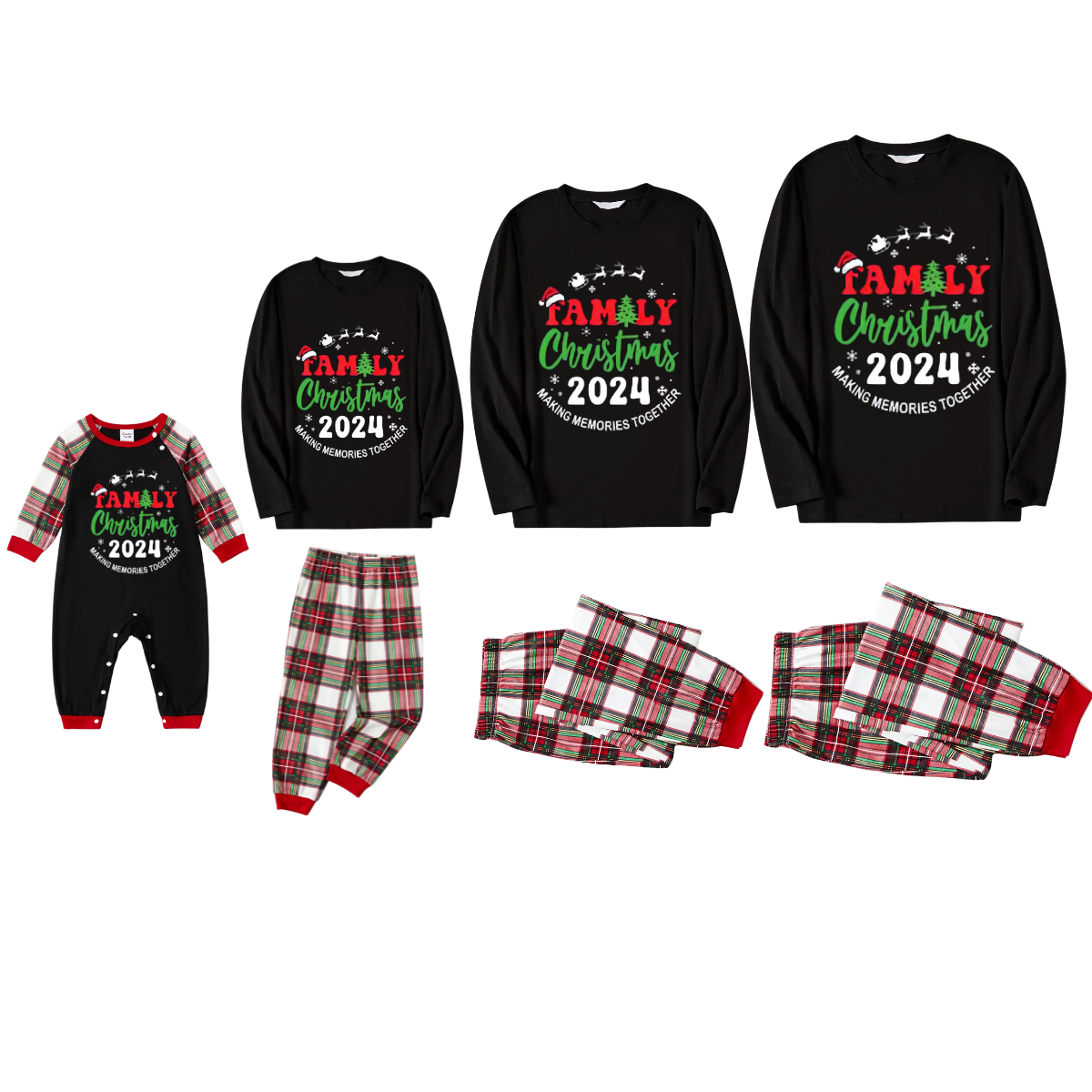 "Family Christmas 2024 Making Memories Together" Pattern Ⅳ- Black Top with Red & White & Green Plaid Pants Family Matching Pajamas