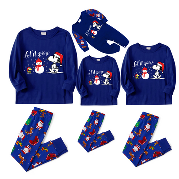 Let It Snow Snoopy Family Christmas 2025 Family Pajamas Set - Blue Top, Blue Pants, Blue Christmas Cartoon Sleeves