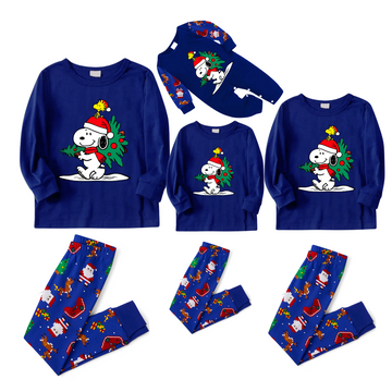 Snoopy Christmas Family Pajamas Set - Blue Top, Santa Print Pants
