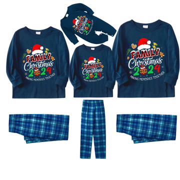 Family Christmas 2024 Making Memories Together Text Print Blue Long Sleeve Top With Blue Plaid Family Matching Pajamas