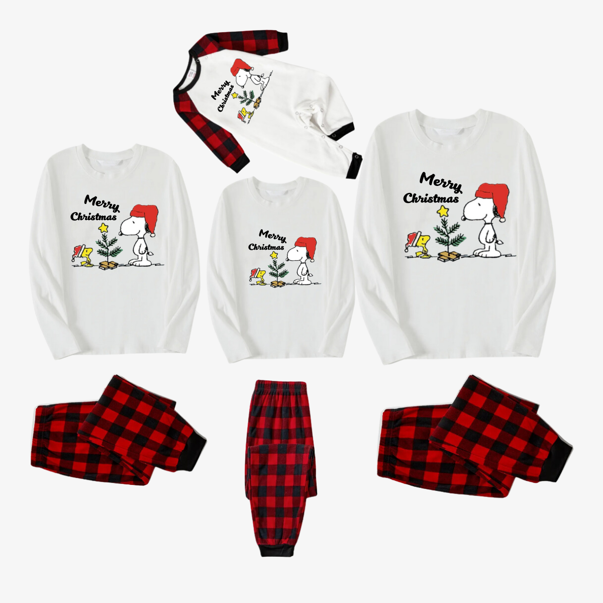 Peanuts and Merry Christmas Text Printed Red and Black Plaid Christmas Pajama Set