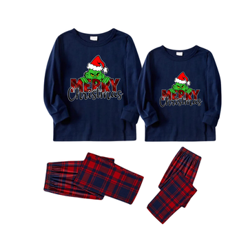 Christmas Catroon Pattern and Text Print Blue Long Sleeve Top with Red & Blue Plaid Christmas Couple Matching Pajama