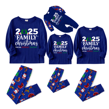 2025 Making Memories Family Christmas Family Pajamas Set - Blue Top / Santa Reindeer Print Pants / Santa Reindeer Print Sleeves
