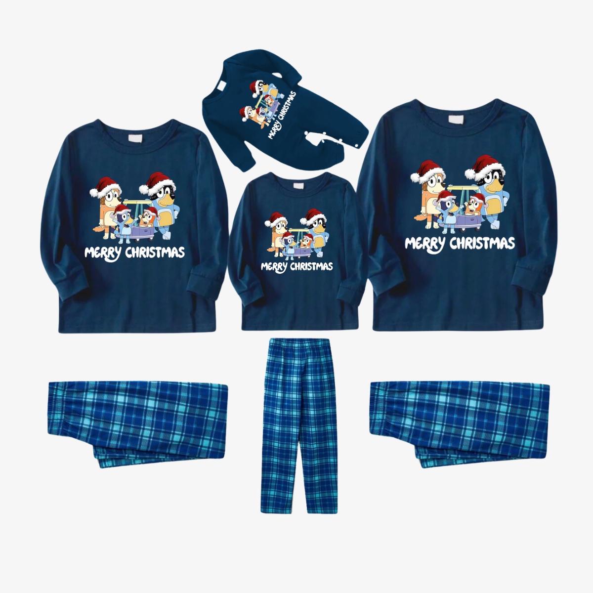 Bluey Character "Merry Christmas" Design Sky Blue Plaid Pants Family Matching Pajama Set