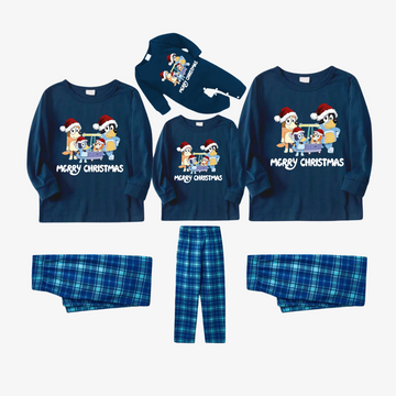 Bluey Character "Merry Christmas" Design Sky Blue Plaid Pants Family Matching Pajama Set