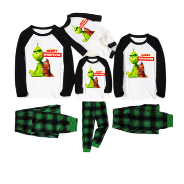 Cartoon Pattern and "Merry Whatever" Printed Green Plaid Christmas Family Matching Pajamas