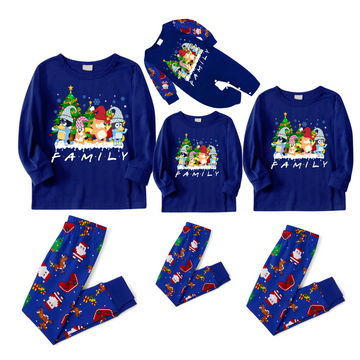 Christmas Cartoon Family Pajamas Set - Navy Blue Top, Blue Santa Print Pants