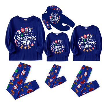 Christmas Crew 2025 Family Pajamas Set - Blue Top, Blue Pants, Blue Christmas Cartoon Sleeves, Gingerbread Candy Print