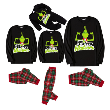 Funny Cartoon Pattern and "Merry Whatever" Slogan Printed Red and Green Plaid Family Matching Pajamas