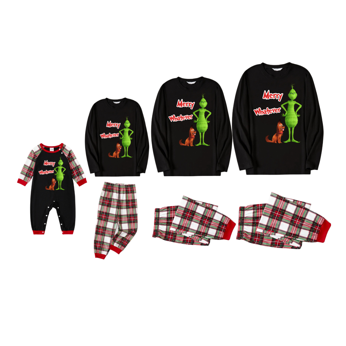 'Merry Whatever' Red Text With Green Cartoon Characters and Dog Pattern Black Top Red&White&Green Plaid Pants Family Matching Pajamas