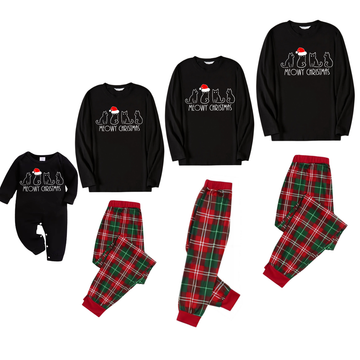 Mowy Chirstmas Text And 4 Cats With Santa Hat Pattern Black Top Red and Green Plaid Family Matching Pajamas