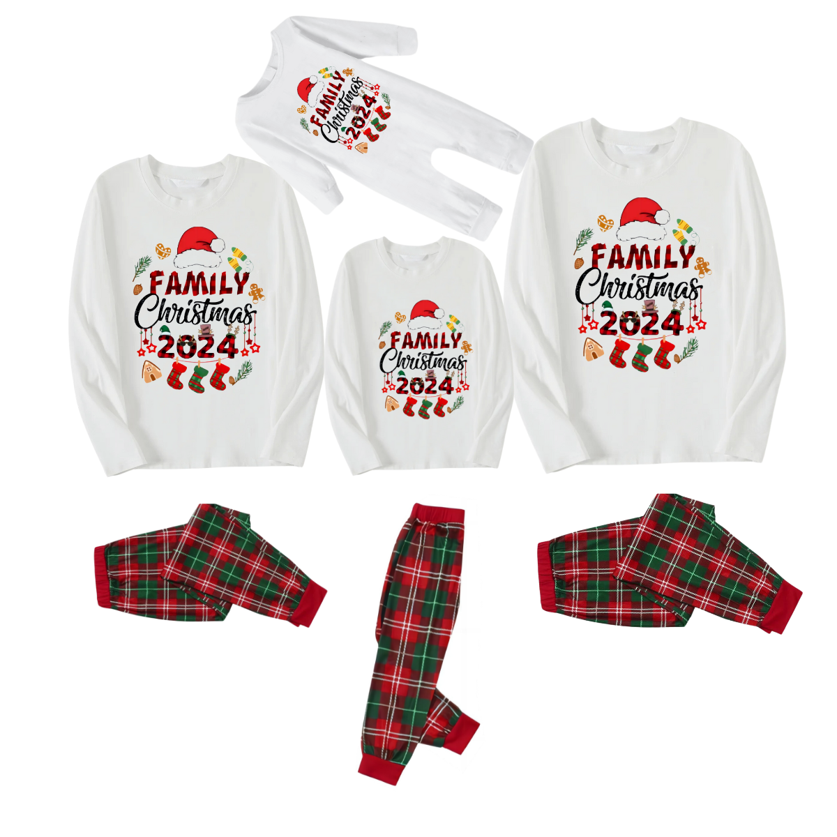 "Family Christmas 2024" and Christmas Pattern Printed Red & Green Plaid Family Matching Pajamas