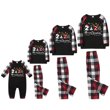 "2024 Merry Christmas" Text And Santa Hat Printed Pattern - Black Top with Red&Black&White Plaid Sleeves - Family Matching Pajamas