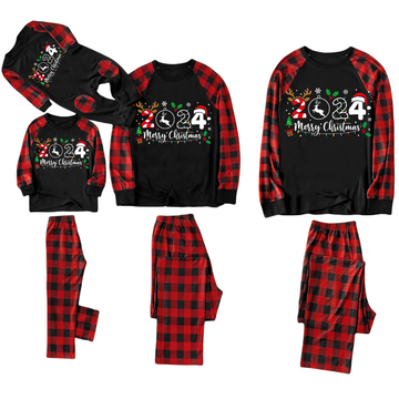 "2024 Merry Christmas" Text Print Black & Red Plaid Christmas Matching Pajamas