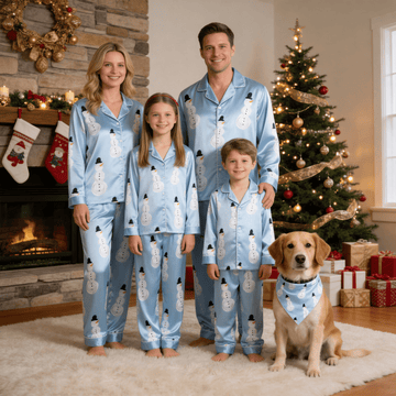 Light Blue Snowman & Top Hat Print Satin Button-Up Family Christmas Pajamas Set
