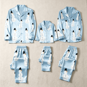 Light Blue Snowman & Top Hat Print Satin Button-Up Family Christmas Pajamas Set