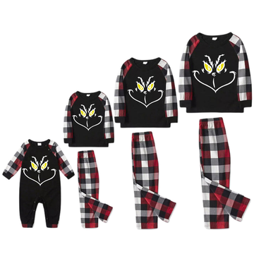 Christmas Cartoon Face Prints Red & Black & Grey & White Plaid Family Matching Pajamas