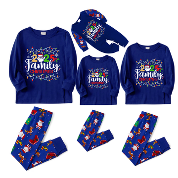 Cozy Blue Christmas Pajamas Set With Christmas Light and "2025 Family Christmas" Text Print