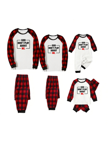 God Don't Play About Me Letter Print White Long Sleeve with Black&Red Plaid Pants Family Matching Pajamas