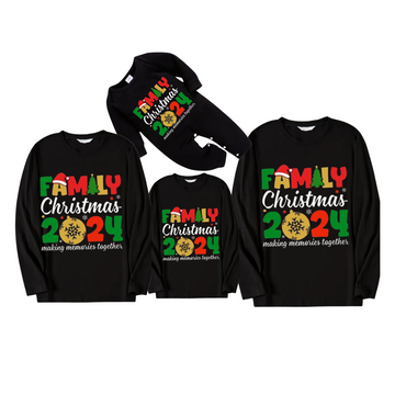 "Family Christmas 2024" Coloful Text Pattern Black Long Sleeve Top