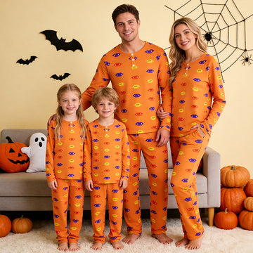 Vibrant Lips Print Matching Family Pajama Set, Long Sleeve Henley Cotton Loungewear