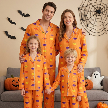 Spooky Halloween Vampire Lips & Fangs Print Matching Family Pajama Set, Button-Down Cotton Loungewear