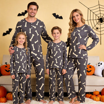 Playful Bone Print Matching Family Pajama Set, Long Sleeve Henley Cotton Loungewear