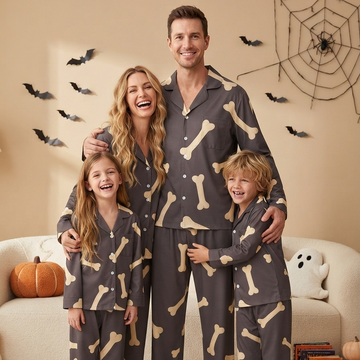 Quirky Halloween Skeleton Bone Print Matching Family Pajama Set, Button-Down Cotton Loungewear