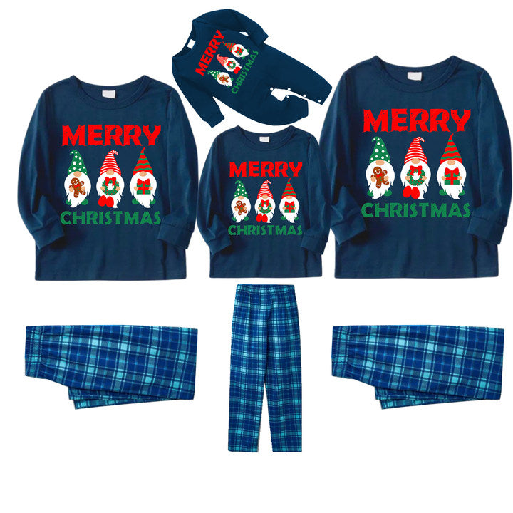 Christmas Elf Pattern Blue Long Sleeve Top With Blue Plaid Family Matching Pajamas