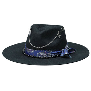 Edgy Black Hat: Beaded Band, Metal Chains, Pins