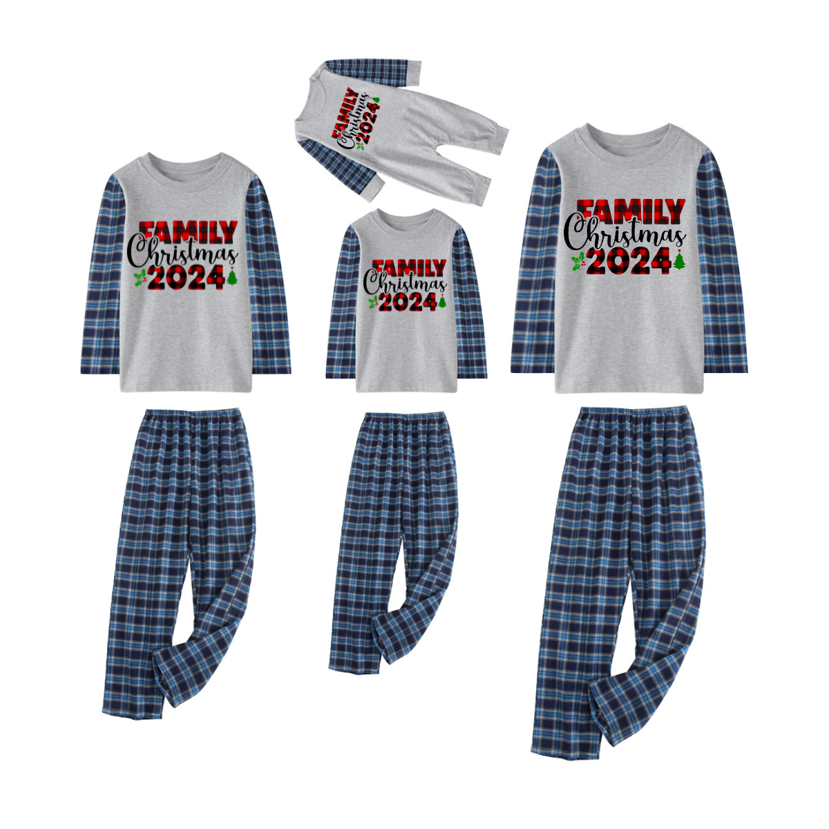 "Family Christmas 2024" Plaid Text Print Blue Plaid Family Matching Pajamas