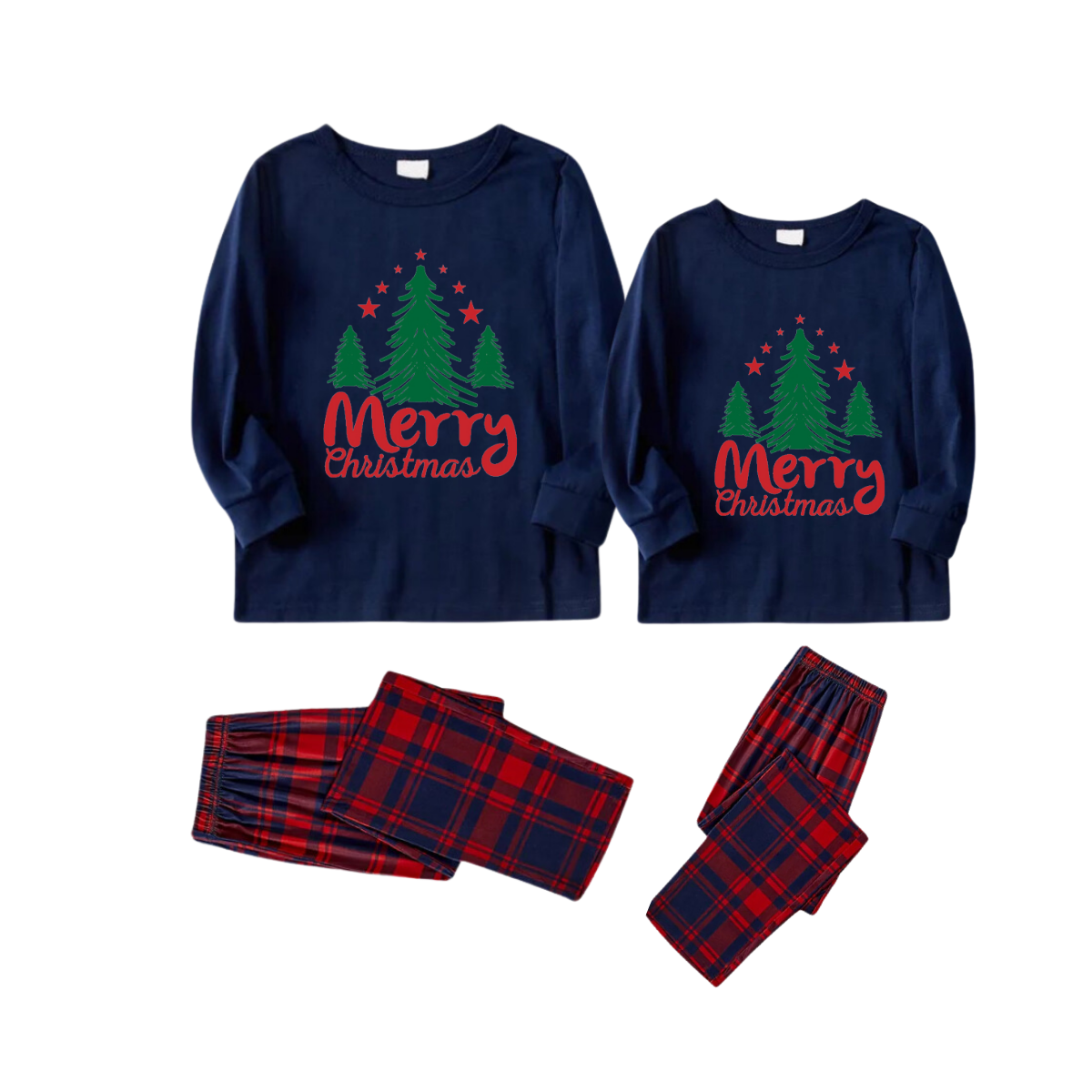 Green Christmas Tree "Merry Christmas" Letter Print Blue Long Sleeve Top with Red & Blue Plaid Couple Matching Pajamas