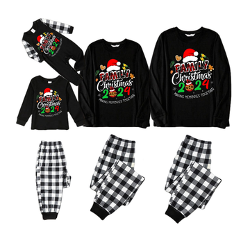 Family Christmas 2024 Making Memories Together Text Print Black Long Sleeve Top with Black And White Plaid Pants Family Matching Pajamas