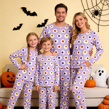 Spooky Halloween Eye Ball Print Matching Family Pajama Set, Long Sleeve Henley Cotton Loungewear