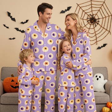 Whimsical Halloween Monster Eye Print Matching Family Pajama Set, Button-Down Cotton Loungewear